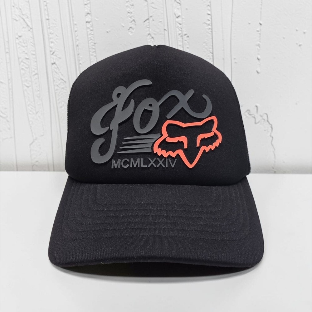 FOX Racing Trucker Hat Mens OSFA Black Mesh Snapback Cap MCMLXXIV Y2K Moto